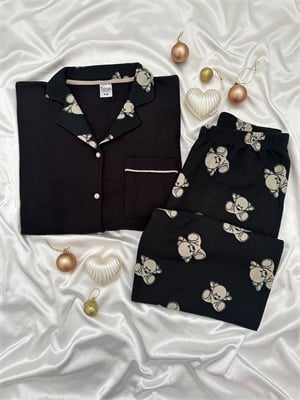 Siyah Ayıcık Desenli Düğmeli Waffle Pijama Takımı