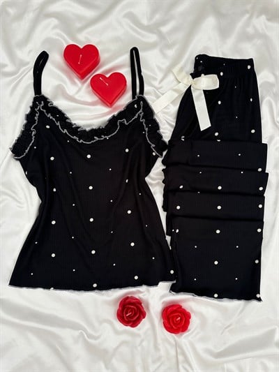 Siyah Benekler Askılı Pijama Takımı