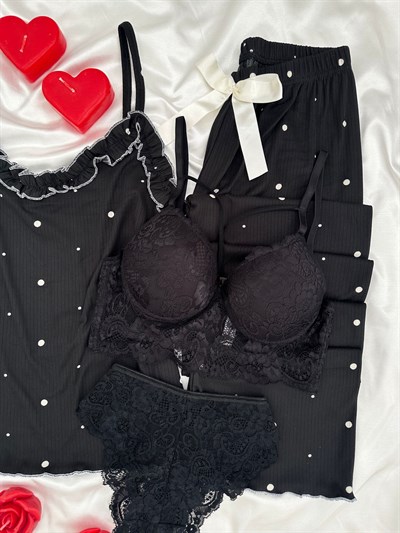 Siyah Benekler Dörtlü Askılı Pijama Takımı