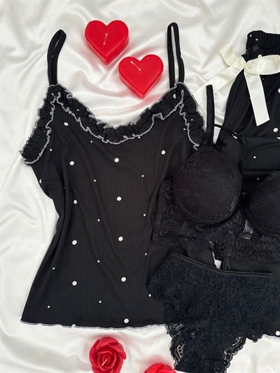 Siyah Benekler Dörtlü Askılı Pijama Takımı