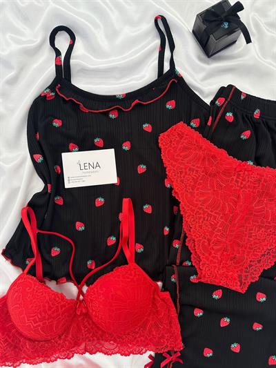 Siyah Berry Dörtlü Askılı Pijama Takımı 