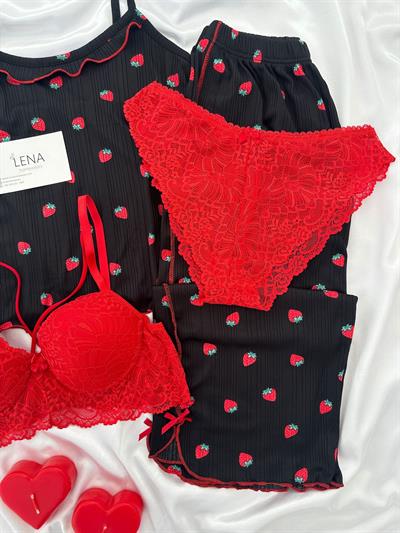 Siyah Berry Dörtlü Askılı Pijama Takımı 