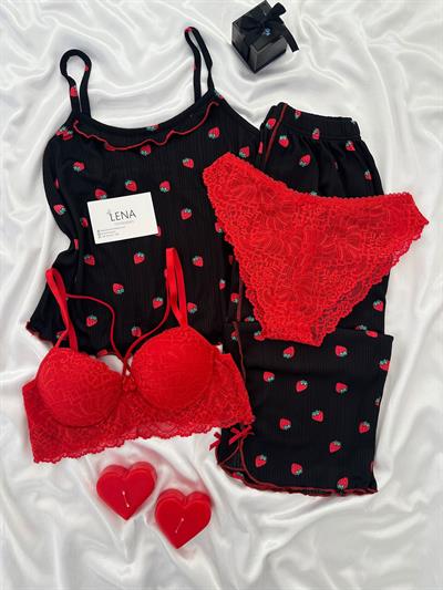 Siyah Berry Dörtlü Askılı Pijama Takımı 