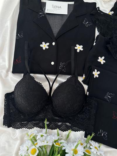 Siyah Çiçek Süet Dörtlü Pijama Seti