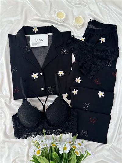 Siyah Çiçek Süet Dörtlü Pijama Seti