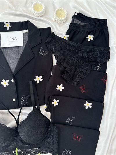 Siyah Çiçek Süet Dörtlü Pijama Seti