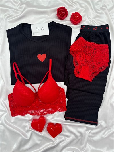 Siyah Dörtlü Miray Kısa Kollu Pijama Takımı