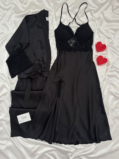 Siyah Enchante Lüks Dantelli Yırtmaçlı Uzun Gecelik & Sabahlık 