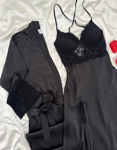Siyah Enchante Lüks Dantelli Yırtmaçlı Uzun Gecelik & Sabahlık 