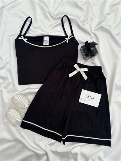 Siyah Fiyonk Detaylı Şortlu Pijama Takımı