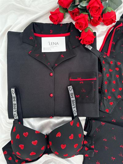 Siyah Fiyonklu Dantel Şeritli Dörtlü Pijama Seti