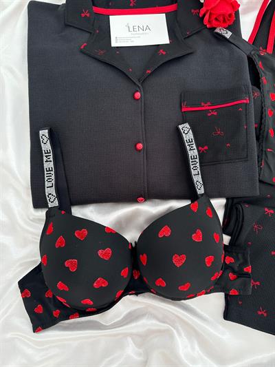 Siyah Fiyonklu Dantel Şeritli Dörtlü Pijama Seti