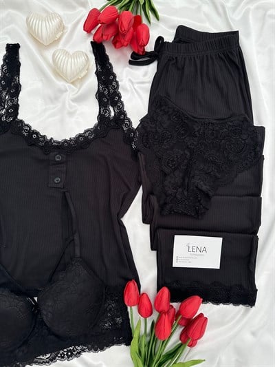 Siyah Fransis Dörtlü Pijama & Çamaşır Seti
