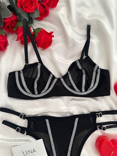 Siyah Işıltı İp Detaylı Bralet Takımı
