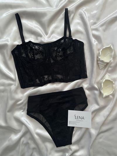 Siyah Işıltı Simli Büstiyer Takım 