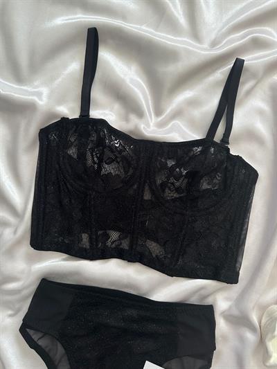 Siyah Işıltı Simli Büstiyer Takım 