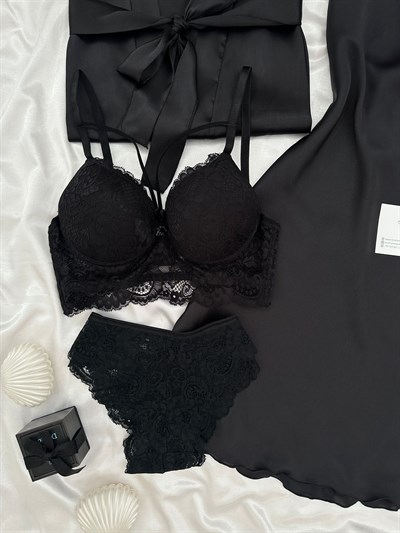 Siyah Jasmin Dörtlü Gecelik & Çamaşır Seti