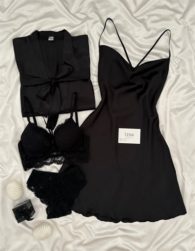 Siyah Jasmin Dörtlü Gecelik & Çamaşır Seti