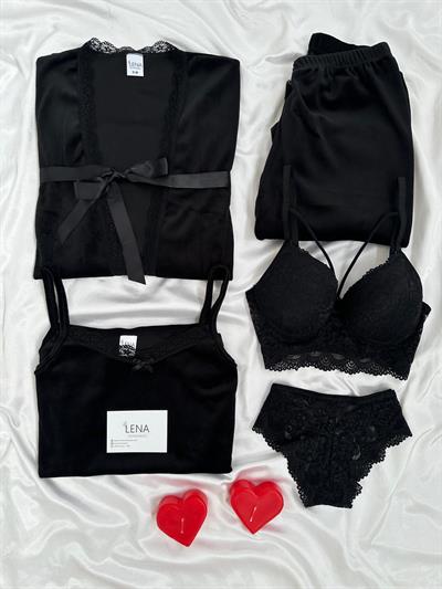 Siyah Kadife Sabahlıklı 5’li Pijama Set