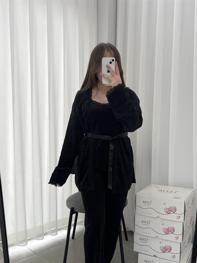 Siyah Kadife Sabahlıklı 5’li Pijama Set