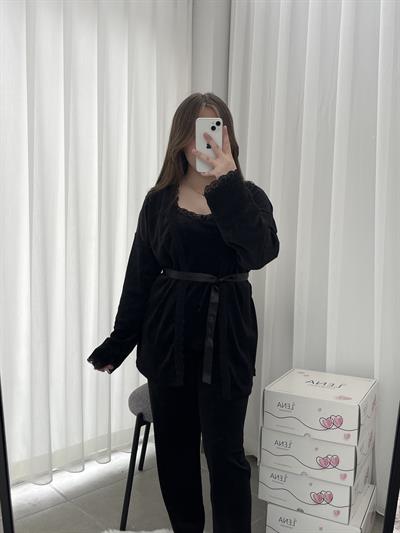 Siyah Kadife Sabahlıklı Kadın Pijama Takımı