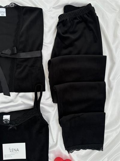Siyah Kadife Sabahlıklı Kadın Pijama Takımı