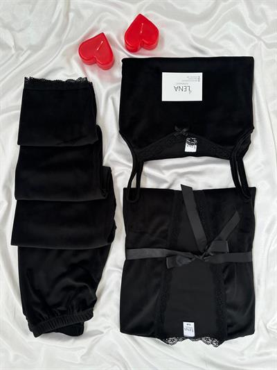 Siyah Kadife Sabahlıklı Kadın Pijama Takımı