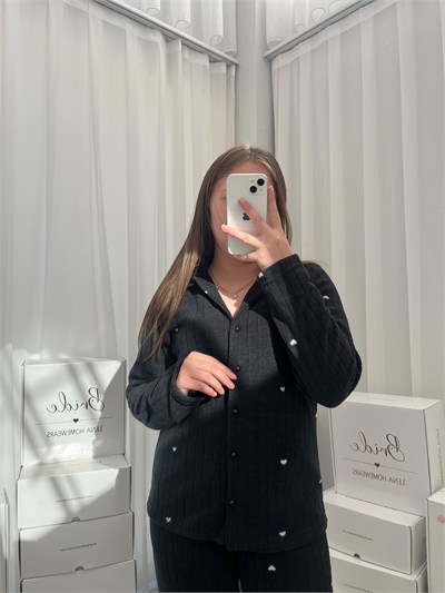 Siyah Kalp Desenli 4lü Polar Uzun Kollu Pijama Takımı