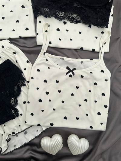Siyah Kalp Desenli 6lı Oslo Pijama Takımı