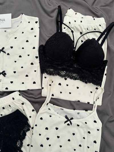 Siyah Kalp Desenli 6lı Oslo Pijama Takımı