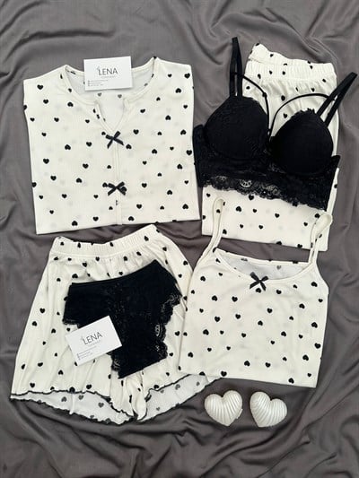 Siyah Kalp Desenli 6lı Oslo Pijama Takımı