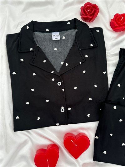 Siyah Kalp Desenli Dörtlü Kısa Kollu Pijama Takımı