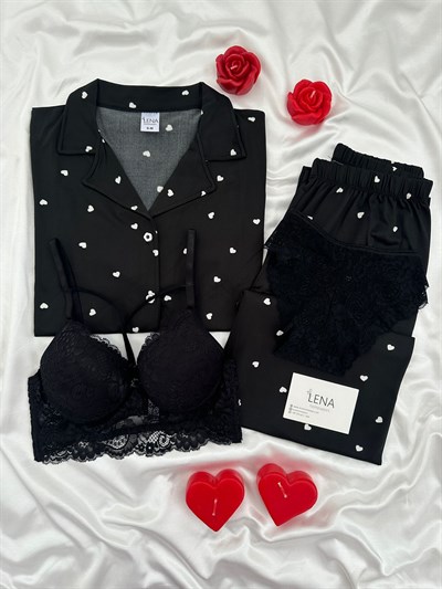 Siyah Kalp Desenli Dörtlü Kısa Kollu Pijama Takımı