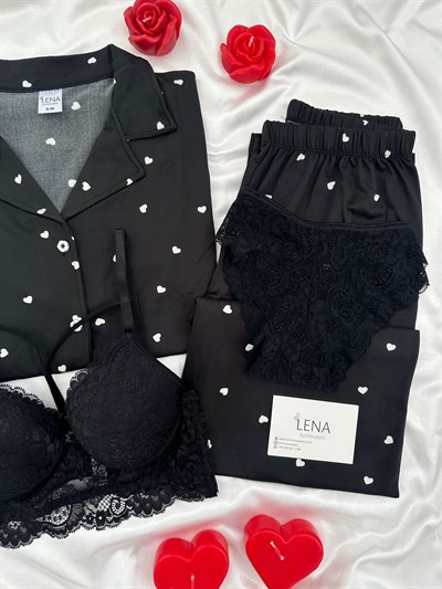 Siyah Kalp Desenli Dörtlü Kısa Kollu Pijama Takımı