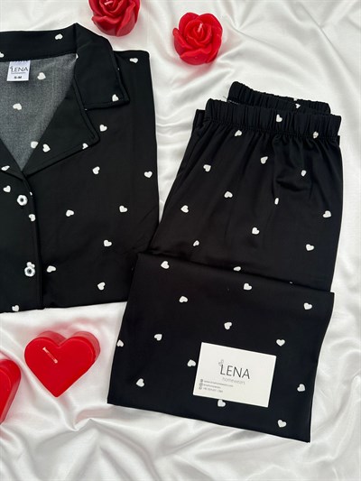 Siyah Kalp Desenli Kısa Kollu Pijama Takımı