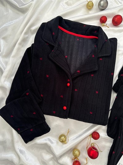 Siyah Kalp Desenli Polar Pijama Takımı