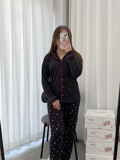 Siyah Kalp Desenli  Uzun Kollu Milan Pijama Takımı