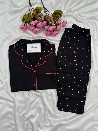 Siyah Kalp Desenli  Uzun Kollu Milan Pijama Takımı