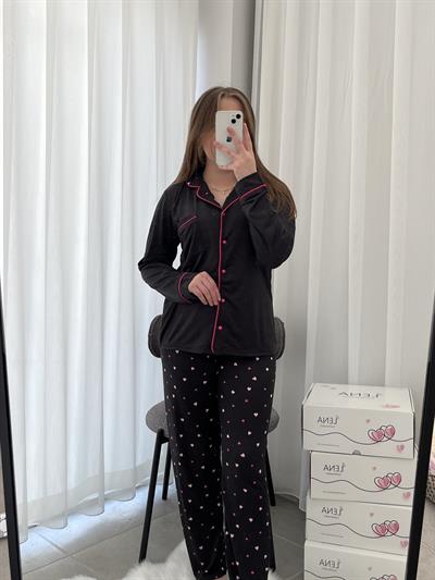 Siyah Kalp Desenli  Uzun Kollu Milan Pijama Takımı