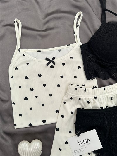 Siyah Kalp Dörtlü Şortlu Pijama Takımı