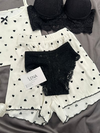 Siyah Kalp Dörtlü Şortlu Pijama Takımı