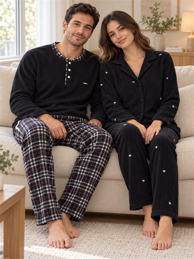 Siyah Kalp & Ekose Sevgili Çift Uzun Kollu Pijama Takımı (2Lİ SET)