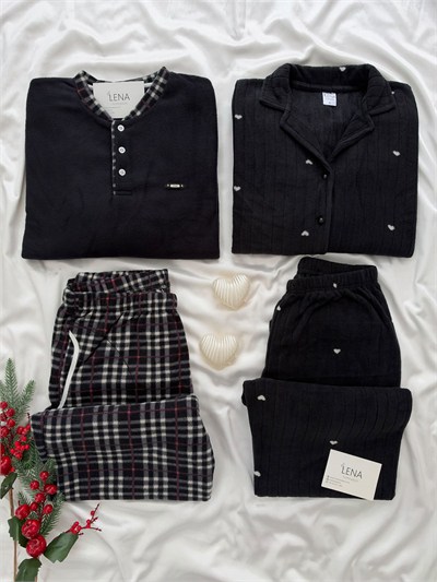 Siyah Kalp & Ekose Sevgili Çift Uzun Kollu Pijama Takımı (2Lİ SET)