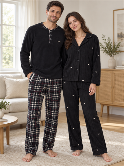 Siyah Kalp & Ekose Sevgili Çift Uzun Kollu Pijama Takımı (2Lİ SET)