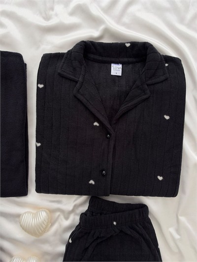 Siyah Kalp & Ekose Sevgili Çift Uzun Kollu Pijama Takımı (2Lİ SET)
