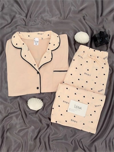 Siyah Kalp ve Love Desenli Somon Milan Uzun Kollu Pijama Takımı
