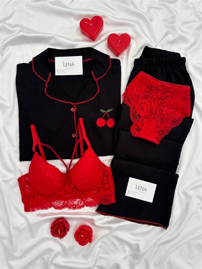 Siyah Kiraz İşlemeli Bürümcük Dörtlü Pijama Takımı🍒