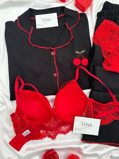 Siyah Kiraz İşlemeli Bürümcük Dörtlü Pijama Takımı🍒