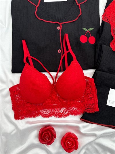 Siyah Kiraz İşlemeli Bürümcük Dörtlü Pijama Takımı🍒