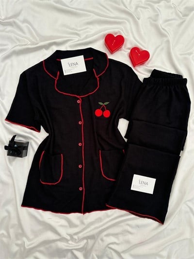 Siyah Kiraz İşlemeli Bürümcük Pijama Takımı
